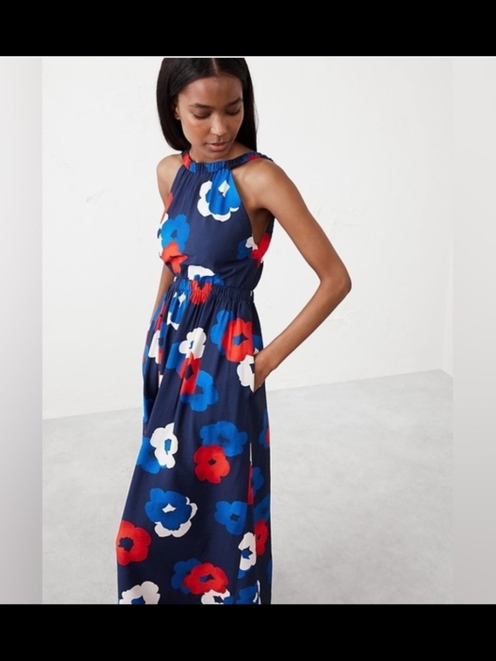 Banana Republic Navy Floral Halteri Dress w/ Pockets - Size L